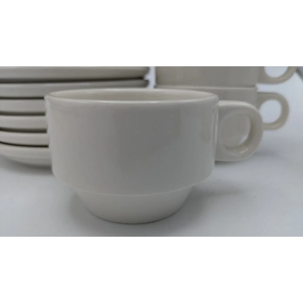 Set 6 European Espresso Demitasse 80ml 2.5 oz Cup & Saucer Modern White Stacking